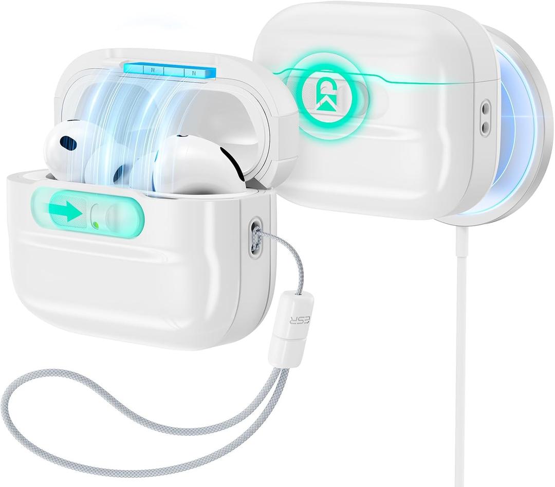ESR for AirPods Pro 3 Case (2025), Compatible with AirPods Pro 3 (USB-C Cable), MagSafe Ready, Magnetic Lid Lock, Full Drop Protection Cover with Lanyard, White