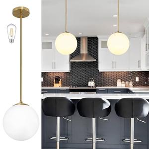 Bagood 10 Inch Globe Pendant Light Gold Mid Century Pendant Light Contemporary Globe Pendant Lights Adjustable Hanging Light Fixture Milk Glass with Brass Finish for Dining Room Kitchen Island