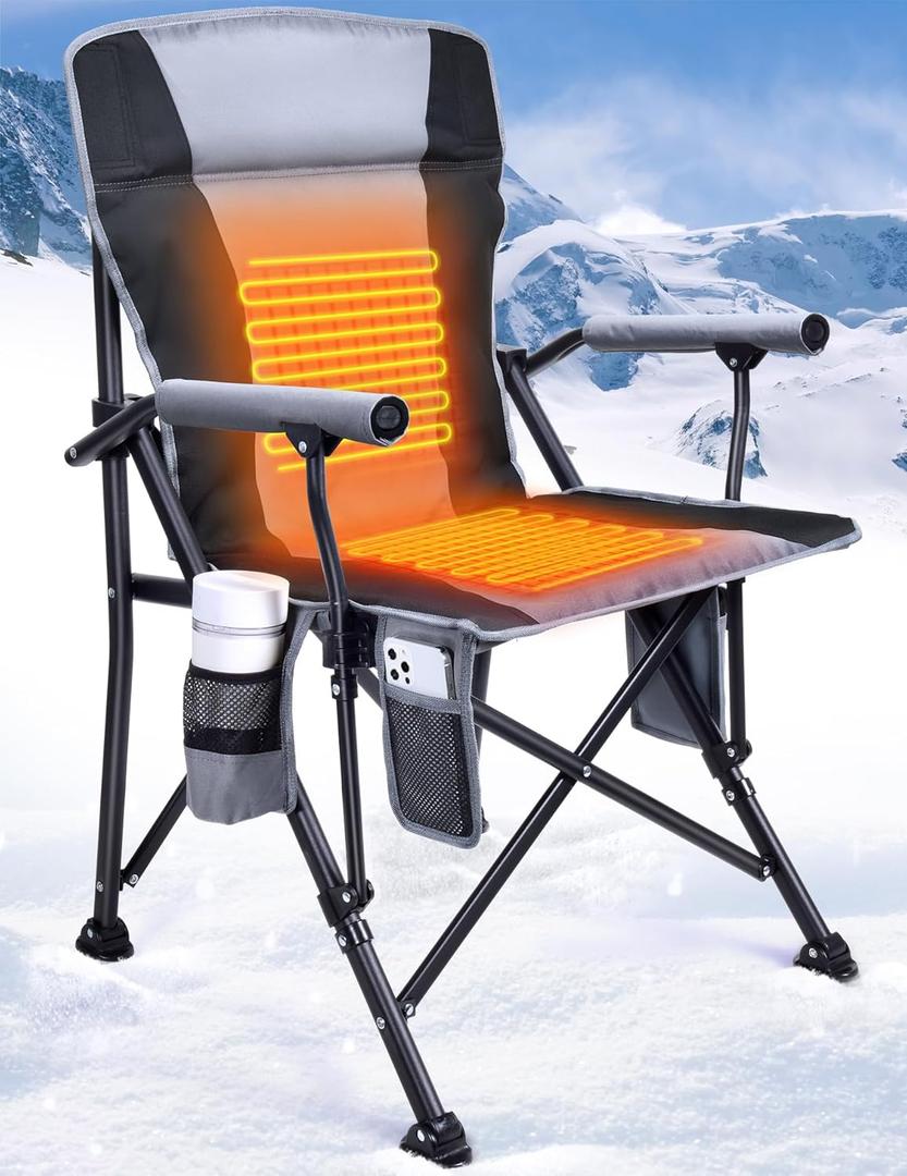 Heated Camping Chair for Adults, Heats Back and Seat, 3 Heat Levels, Fully Padded Heated Folding Chair for Outdoor Sports with Cup Holder, Rich Pockets, Battery NOT Included (Grey)