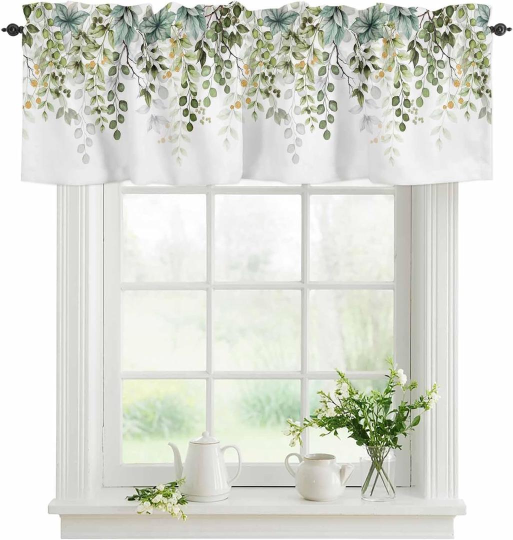Sage Green Eucalyptus Leaves Valance for Windows Berry Branch Plant Curtains Valances Spring Short Curtains Rod Pocket Window Treatment for Kitchen Living Room Bedroom Bathroom Decor 1 Panel 54x18