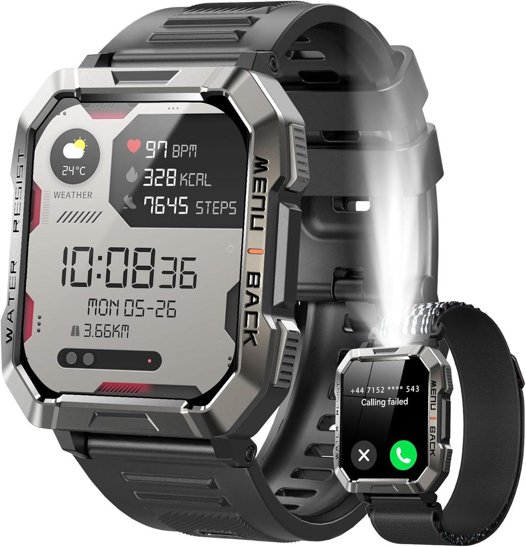 Military Smart Watch for Men (Answer/Make Calls), 2.01'' Smart Watch for Android and iPhone, Fitness Tracker with Flashlight/Compass/100 Days Battery/Heart Rate/Sleep/100+ Sport Modes(2 Straps)