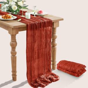 2 Packs Cheesecloth Table Runner, TISEMENT 35''x 120'' Wrinkled Gauze Cheese Cloth Table Runner Boho, Romantic Centerpieces for Tables ,Versatile Tablecloth for Wedding/ Party Decorations (Terracotta)