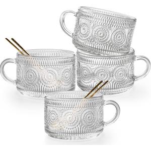 Ymyaye Vintage Glass Coffee Mugs Set of 4, 14 Ounces Embossed Glass Coffee Cups Stackable Coffee Mugs for Cereal, Yogurt, Latte, Clear Breakfast Cups with Handle for Beverages (Sunflower*4)