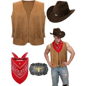 Toulite 4 Pcs Western Outfits for Men Cowboy Tassel Vest Hat Belt Buckle Paisley Bandana for Halloween Cosplay (Small, Brown,Coffee,Red)