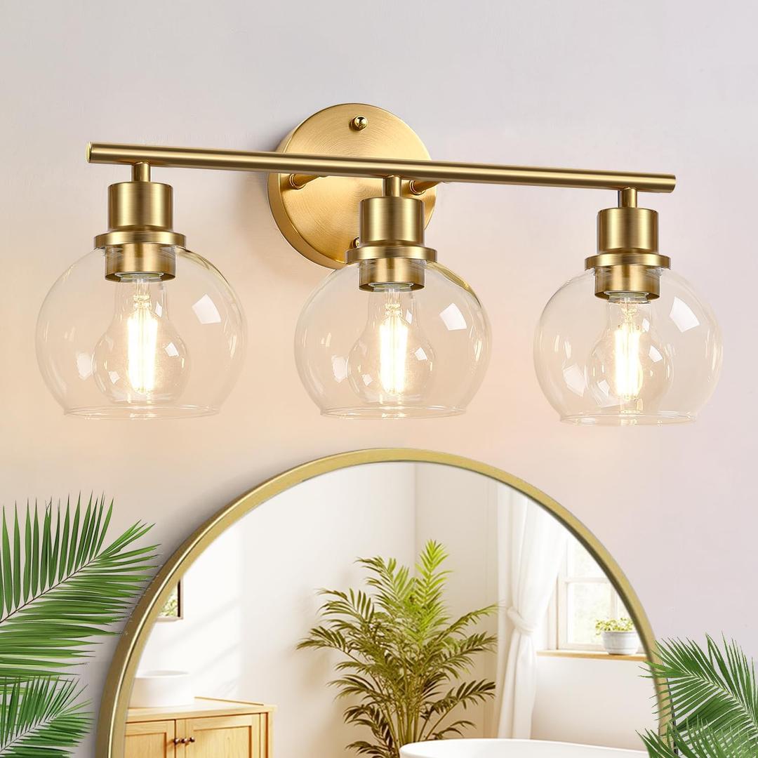 3-Light Bathroom Light Fixtures, Brushed Gold Modern Vanity Lights Over Mirror with Clear Glass Globe Shade, Bathroom Wall Sconces for Mirror Kitchen Living Room Hallway Cabinet Bedroom Porch