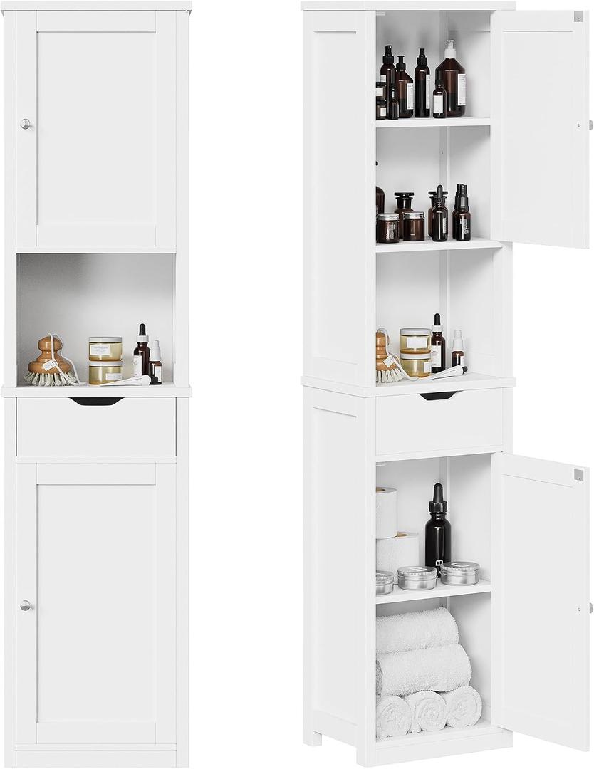 Shintenchi Tall Bathroom Storage Cabinet, Slim Corner Floor Cabinet with Doors and Drawer, Freestanding Narrow Bathroom Organizer with Adjustable Shelves for Small Space, White