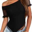 CSDAJIO Women's Off the Shoulder Top Short Sleeve Asymmetrical T Shirt Frill Ruffle Sheer Mesh Summer Blouse, XS