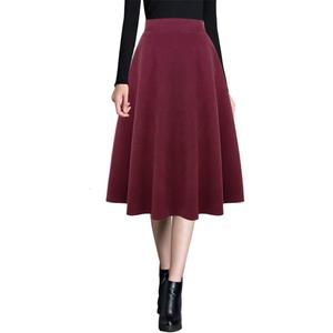 Ylingjun Womens Warm Wool Midi Skirts Winter Fall High Elastic Waist A line Flared Woolen Skirts (Pure Wine) Large
