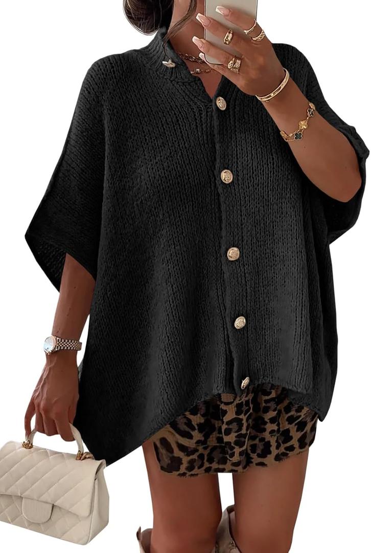 Saodimallsu Womens Oversized Cardigan Sweaters Short Sleeve Button Down Casual Lightweight Loose Knit Trendy Cardigans (Black)