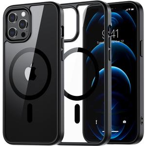SUPFINE Magnetic for iPhone 12 Pro Max case, [Compatible with MagSafe][Clear Hard Back with Soft TPU Bumper][12FT Military Grade Drop Protection] Shockproof Phone Case,Clear Black