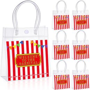 Sweetude 24 Pcs Circus Carnival Party Favor Bags Bulk with Handle Carnival Party Favor Clear PVC Goodie Candy Treat Tote Transparent Shopping Gift Bags for Birthday Decorations Rewards Supplies