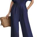 CUPSHE Womens Wide Leg Jumpsuits V-Neck Batwing Short Sleeve Summer Long Rompe Casual Outfit Pocket (Medium)