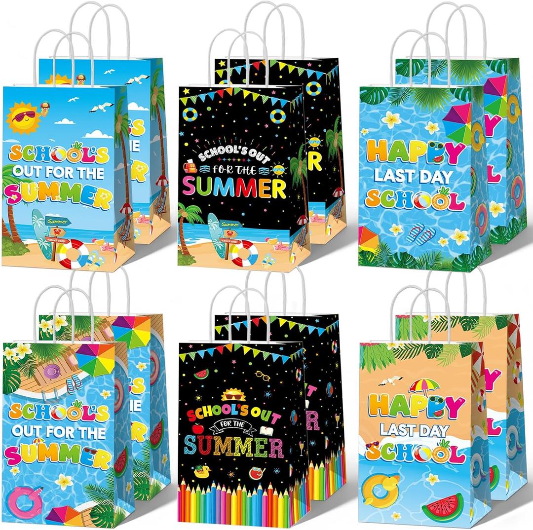 12PCS Schools Out for Summer Gift Bags Last Day of School Paper Bags Favor with Handles End of Schools Year Gift Goodie Bags for Goodbye School Hello Pool Summer Vacation Birthday Treat Pouch Supplies