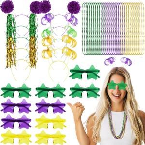 50 Pcs Holiday Gold Green Purple Team Spirit Accessories Pom Pom Party Headbands Star Shape Sunglasses Bead Necklaces Stuff Favors for Birthday Carnival Supplies