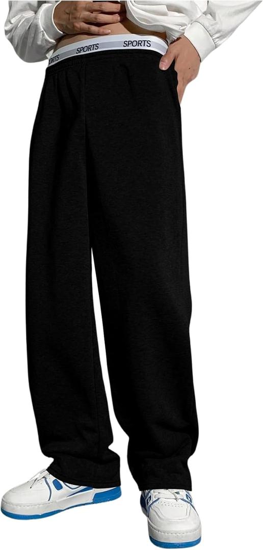 RoseSeek Boy's Baggy Pants Letter Elastic High Waisted Wide Leg Sweatpants Athletic Track Pants Joggers, Black, 15Y