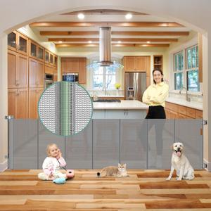 Reinforced 100 Inch Extra Long Baby Gates for Large Openings to Prevent Crawling Under, No Bottom Bar Extra Wide Retractable Baby Gate for Stairs, 8 ft Mesh Child Gate for Parent/Pet Owner Use, Gray