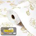 3 x Shelf Liners for Kitchen Cabinets 12in x 20FT Non Adhesive Drawer Liner Gold Floral Thickened Shelf Liner Paper Strong Non-Slip Easy to Clean for Tool Box Refrigerator with Knife and Tape Measure