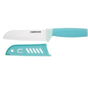 Farberware Ceramic 5- Inch Santoku Knife with Custom-Fit Blade Cover, Razor-Sharp Kitchen Knife with Ergonomic, Soft-Grip Handle, Dishwasher-Safe, 5-inch, Aqua