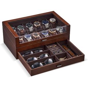 ProCase High End Wooden Watch Box for Men, 2-Layer Wood Watch Display Case Men's Jewelry Organizer Box with Drawer -12 Slot, Walnut