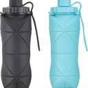 YCT Collapsible Silicone Travel Water Bottle 20oz (600ml), Reuseable Leakproof BPA Free Foldable Sports Bottle, with Carrying Strap, Dark Gray + Blue