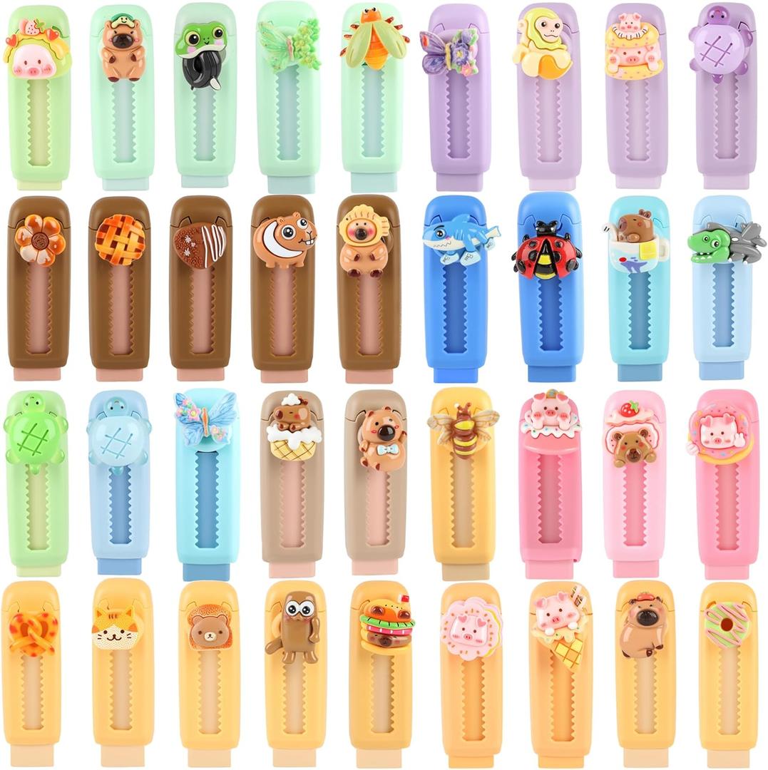 36 Pcs Retractable Erasers Cute Push Pull Pencil Eraser Kawaii Cartoon Erasers for Boys Girls Students School Supplies Stationery Office