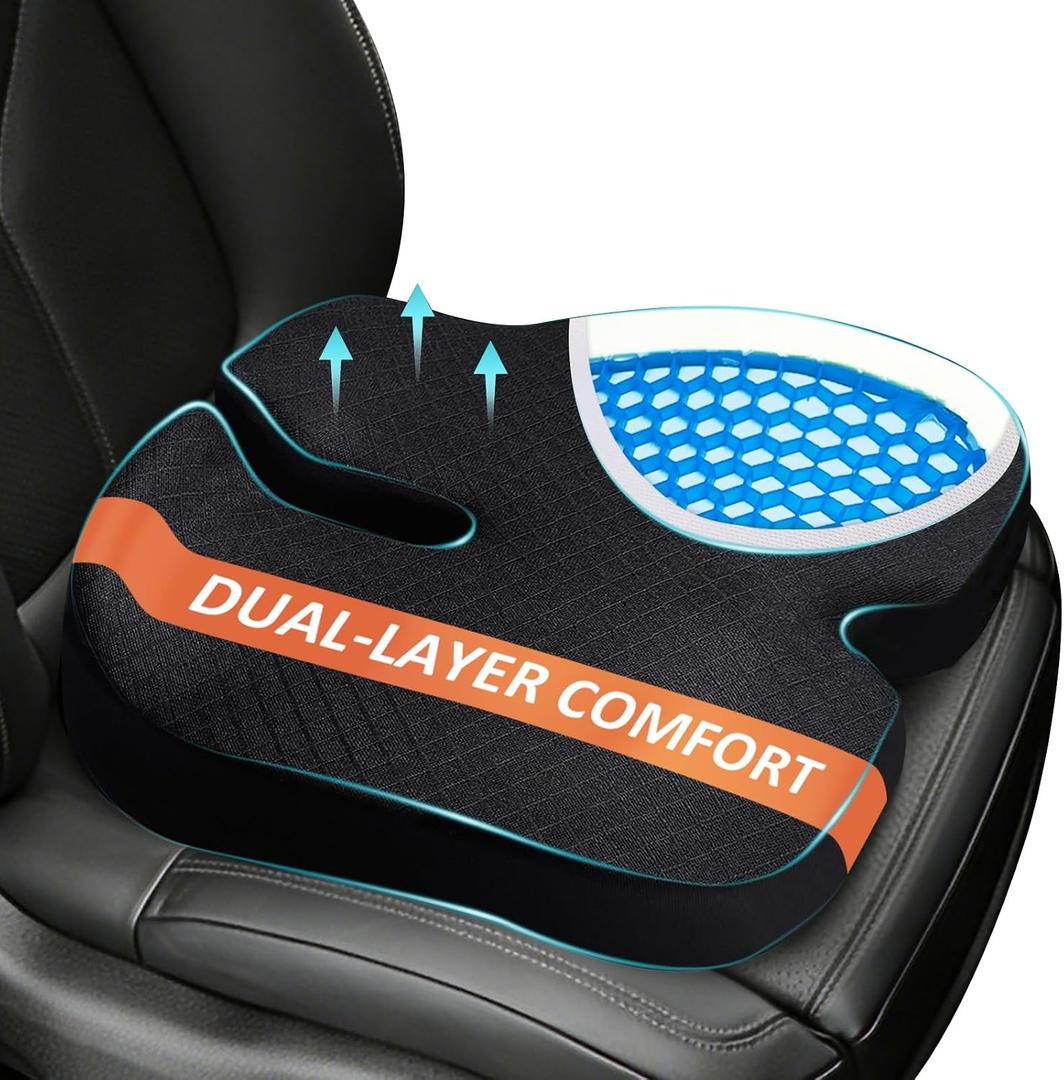 Car Seat Cushion - Premium Gel & Memory Foam Office Chair Cushions for Back,Sciatica,Coccyx,Tailbone Pain Relief, Driver Pillow for Auto, Gaming,Desk, Wheelchair,Truck (Black)