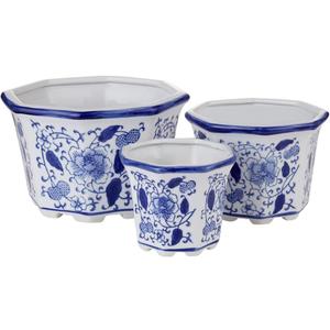 HakkaGirl Ceramic Planter, Chinoiserie Decor Ceramic Flower Pots Plant Pots Indoor with Drainage for Orchid Succulent or Small Plants, Blue and White, Set of 3