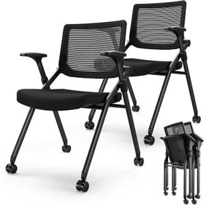 FYLICA Foldable Office Chair Set of 2 with PU Wheels Ergonomic Mesh Bouncing Back, Stackable Conference Room Chair, Office Guest & Reception & Meeting Chair (Black)