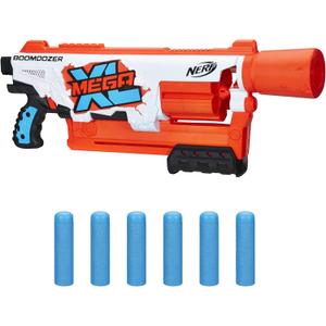 Nerf Mega XL Boom Dozer Blaster, Largest Mega Darts Ever, XL 6-Dart Rotating Drum, 6 Mega XL Whistler Darts, Pump Action