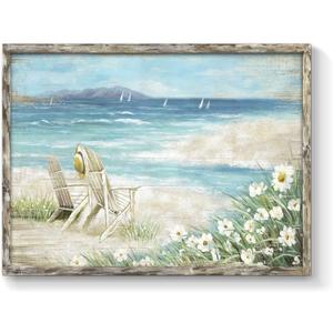 Abstract Beach Framed Painting Artwork: Seaside Chair Wall Art Seascape Hand Painted Painting for Vacation Villa (16" W x 11" H, Multiple Sizes/Material)