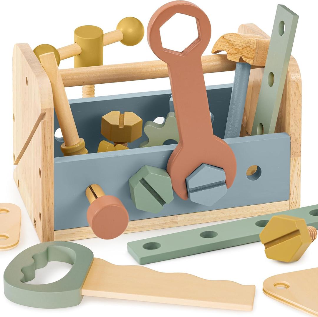Durable Wooden Tool Set for Toddlers - Montessori Tool Box Kit with Hammer for Boys & Girls 2-5 Years - Fun Christmas Toy Gift for Kids with 30+ Safe Tools for Creative Play