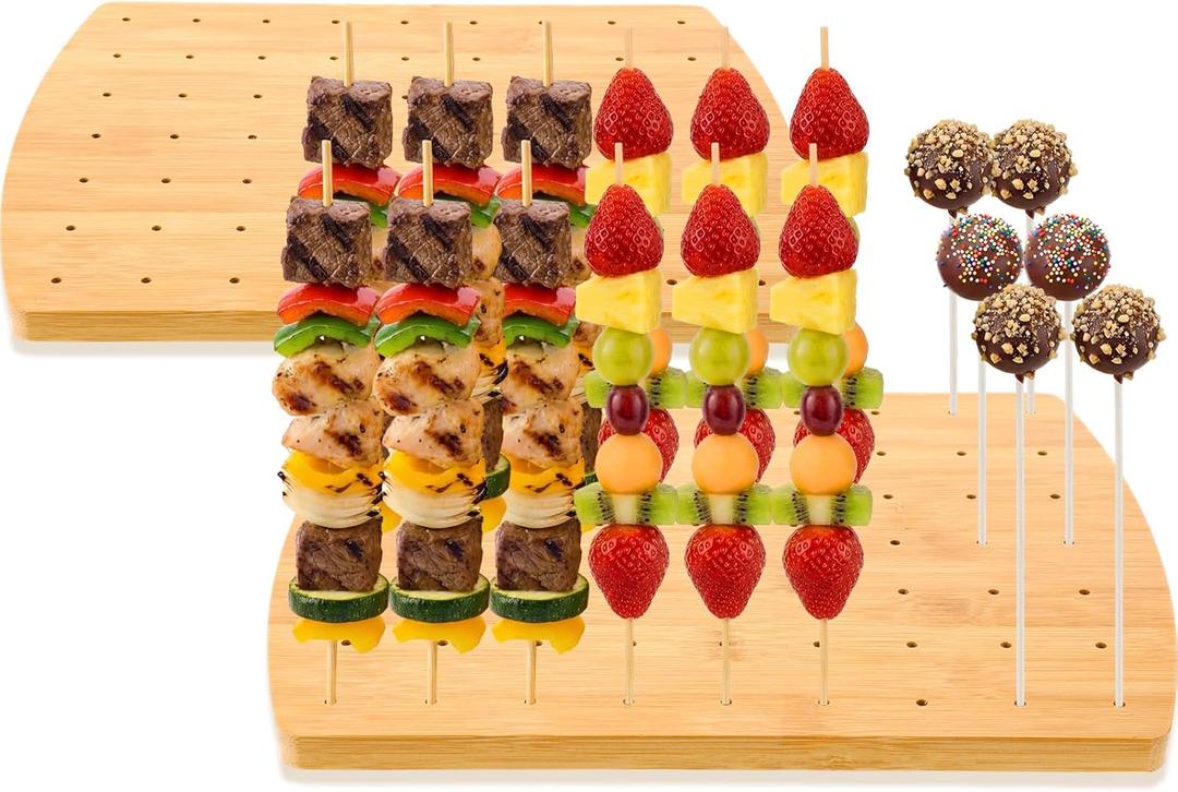 FoldTier 2 Pack Wooden Food Skewer Holder 63 Holes Bamboo Fruit Kabobs Cocktail Pick Stand Appetizer Curved Board Display Stand for Birthday Catering Supplies