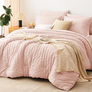 CozyLux Queen Comforter Set Blush Pink Seersucker 7 Pieces Bed in a Bag Queen Comforter Set with Sheets, Luxury Soft Bedding Set with Down Alternative Comforter, Sheets, Pillowcases & Shams All Season