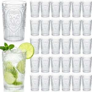 Plastic Vintage Drinking Glasses - 16 oz Stemless Ribbed Highball Glasses Bulk Embossed Reusable Cups for Water Beer Cocktails Juice Wedding Bridal Shower Birthday Event Party(Clear,48 Pcs), 3.1 inch /8 cm x 5.1 inch / 13 cm