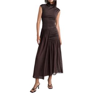 Milumia Women's Ruched Mock Neck Cap Sleeve Mesh Dress Layered Side Slit Long Party Dresses, Large