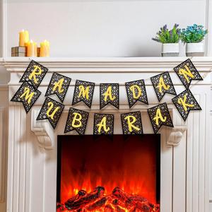 SmoothNovelty 2 Pcs Eid Ramadan Mubarak Banner Wooden Ramadan Mubarak Decoration Rustic Bead Decorations Banner Muslim Party Decor Supplies for Home Fireplace Indoor Outdoor (Black Chip)