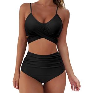 SUUKSESS Women Wrap Bikini Set Push Up High Waisted 2 Piece Swimsuits (4-6, Black)
