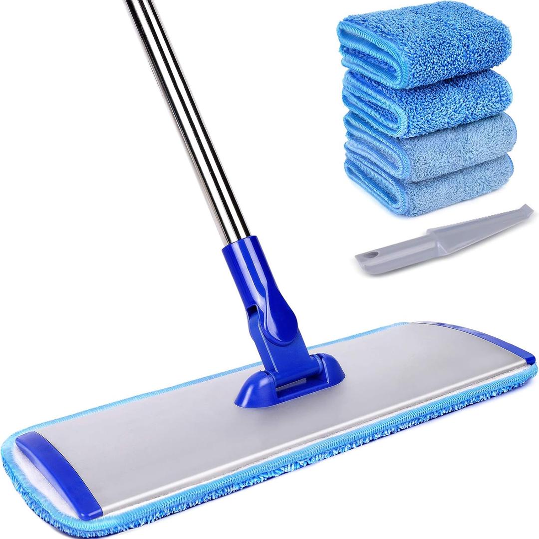 18" Professional Microfiber Mop Floor Cleaning System, Flat Mop with Stainless Steel Handle, 4 Reusable Washable Mop Pads, Wet and Dust Mopping for Hardwood, Vinyl, Laminate, Tile Cleaning (Blue)