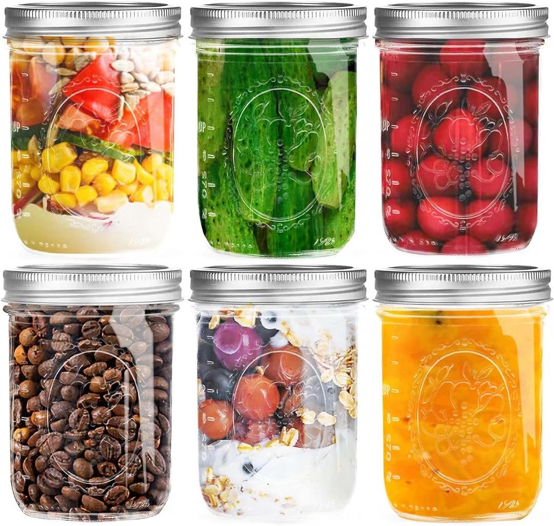 Wide Mouth Mason Jars 16 oz with Lids [6 Pack], Canning Jars with Metal Airtight Lids and Bands, 16 oz Glass Jars for Fermenting, Pickling, Freezing, Preserving, Meal Prep, Jar Dcor