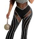 Women's Sexy Sleeveless Deep V neck Mesh Paneled Rhinestones Bodycon Wide Leg Cocktail Party Rompers Jumpsuit
 (Small, 19 Black)