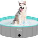 Foldable Dog Pool for Large Dogs, Hard Plastic Kiddie Pool for Dogs, 63" Collapsible Dog Pool with Rigid PP Core, Non-Slip PVC, Durable Pet Bath Tub for Indoor/Outdoor Backyard, Grey