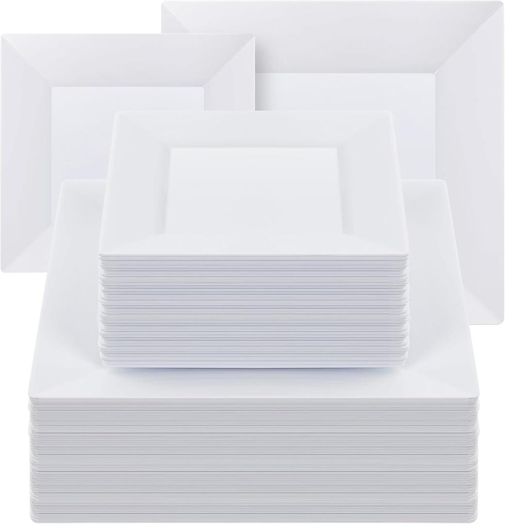 Goodluck 100 Pack Square Plastic Plates, Heavy Duty 50 Dinner Plates 9.5" and 50 Dessert Plates 6.5", Fancy Disposable Plates for Wedding, Holiday Party, Birthday, White