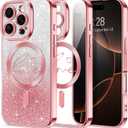 Hython for iPhone 16 Pro Case Glitter, Compatible with MagSafe Love Heart Magnetic Clear Phone Cases for Women Girls, Full Camera Protection Sparkle Plating Shockproof Protective Cover, Pink