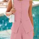 PRETTYGARDEN Women's 2 Piece Sets 2026 Summer Trendy Button Down Suit Vest Tops High Waisted Shorts Business Casual Outfits (Pink, S)
