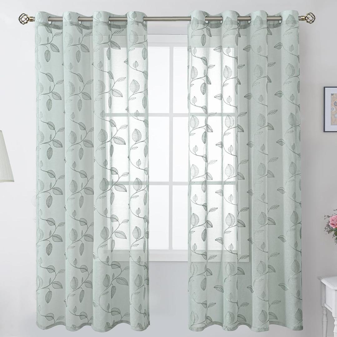 BGment Sage Green Sheer Curtains 72 Inches Long - Embroidered Leaf Pattern Light Filtering Cottage Core Botanical Semi Sheer Grommet Window Drapes for Farmhouse Living Room, 2 Panels, 52 x 72 Inch