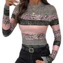 RoseSeek Women's Striped Color Block T Shirts Mock Neck Long Sleeve Elegant Fall Tops Multicolor Large
