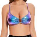 Women's Metallic Bra Tops Shiny Bralette Rave Crop Top with Metal Ring Festival Party Bikini (Large, Blue Holographic)