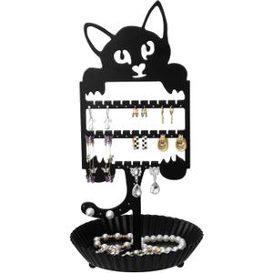 Cat Earring Holder - Earring Tree Organizer for Girls, Cute Cat Shaped Jewelry Stand with 36 Holes for Studs & Dangles, Metal Hanging Organizer for Necklaces & Rings (14.17" x 7.2" x 7.2")