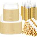 Sylans 700PCS Square White Plastic Plates with Gold Trim for 100 Guests | White and Gold Plates Disposable Dinnerware Set Square, 200 Plates, 100 Rolled Napkins Cutlery, 100 Cups for Party & Wedding