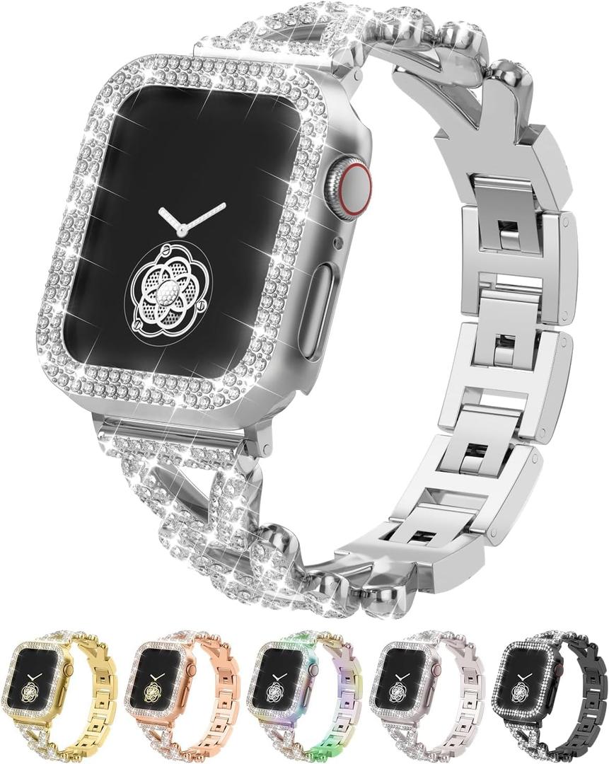 Rhinestones Encrusted Metal Bracelet and Case, Compatible with Apple Watch Bands 38mm-49mm (Series 11/10/1/SE/Ultra 2)- Bling Gold Women's Jewelry Strap, Luxury iWatch Bracelet with Screen Protector